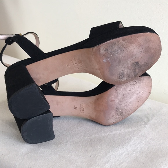 EUC Furla Italy sz 39 sandal heels black suede chunky heel strappy ankle strap - Picture 14 of 14